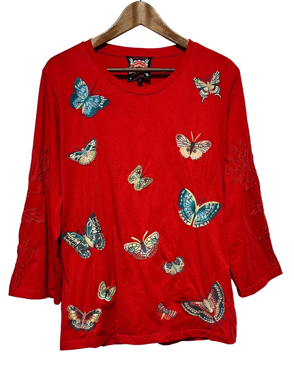 Johnny Was Butterfly Embroidered Cotton Top Red Boho 3/4 Sleeve M